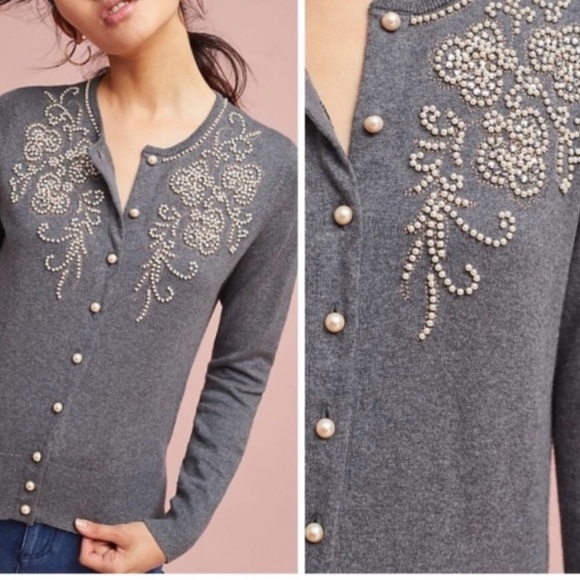 Field Flower Sweaters - Gorgeous Embellished Gray Cardigan Sweater Anthropologie